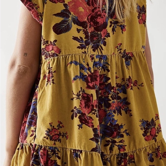 Free People Harper Mini Dress Floral Velvety Cord Ruffle Gold Rose Blue Medium - Picture 3 of 4